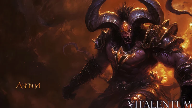 Infernal horned warlord emerging from molten shadowfire.