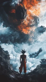 Martial figure on cliff facing fiery cloudborne visage.
