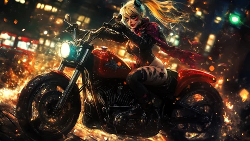 Female rider on red motorcycle in fiery night city scene.