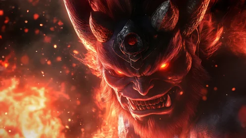 Demonic horned creature glares forward with fiery intensity