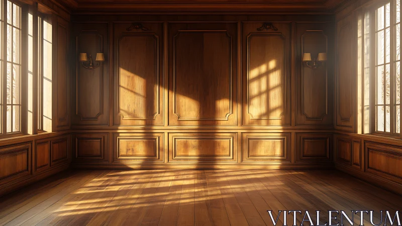 Sunlit paneled room renders classical interior light study