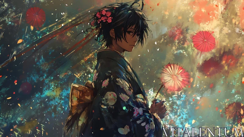 Gentle festival moment as a kimono-clad youth holds a lantern