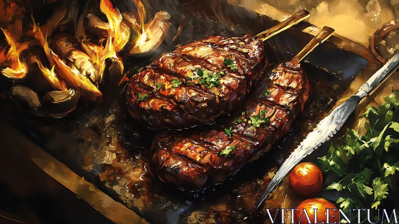 Fire-kissed lamb skewers sizzle beside rustic flames. Period.