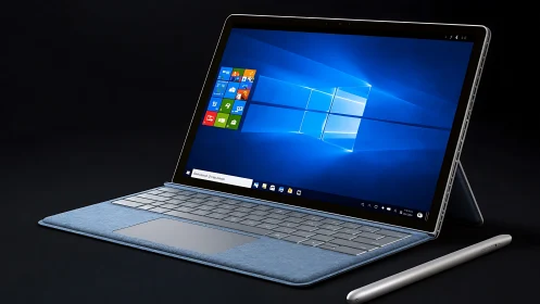 Hybrid tablet-laptop with detachable keyboard and stylus on dark background