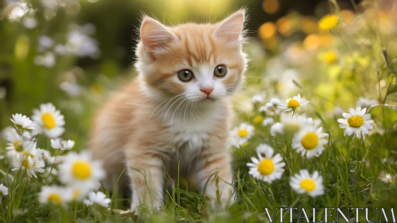 Ginger Kitten in Wildflower Field with Daisy Bokeh.