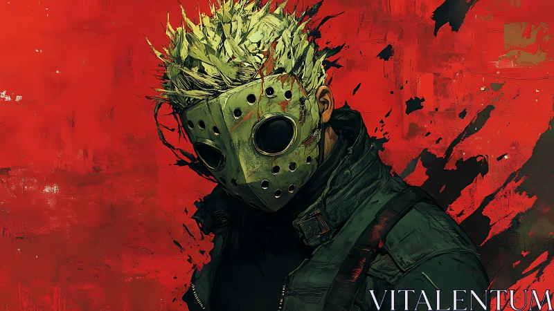 Masked cyberpunk enforcer with spiked hair against scarlet field