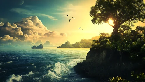 Tropical Sunrise: Cliff-Side Paradise with Ocean Waves.