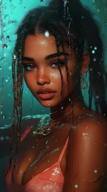 Glow of a rain-kissed beauty in shimmering teal light.