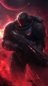 Armored space marine advancing through crimson nebula firestorm.