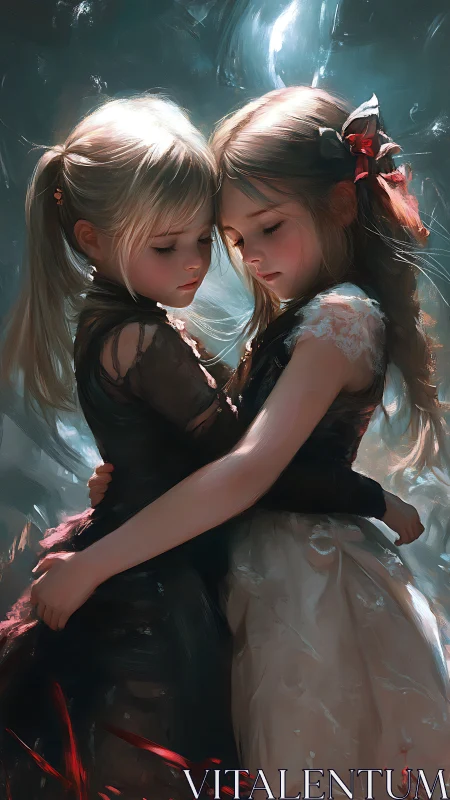 Dual-toned sisters embrace under diffused backlight with painterly bloom