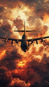 Stormlit aircraft soaring through glowing sunset clouds.