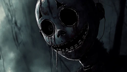 Grinning hollow-eyed puppet looms in stormy horror gloom