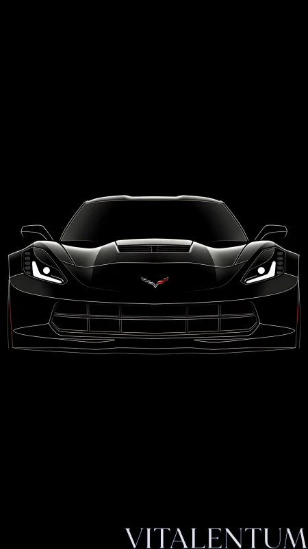 Black sports car front view glows against deep black background