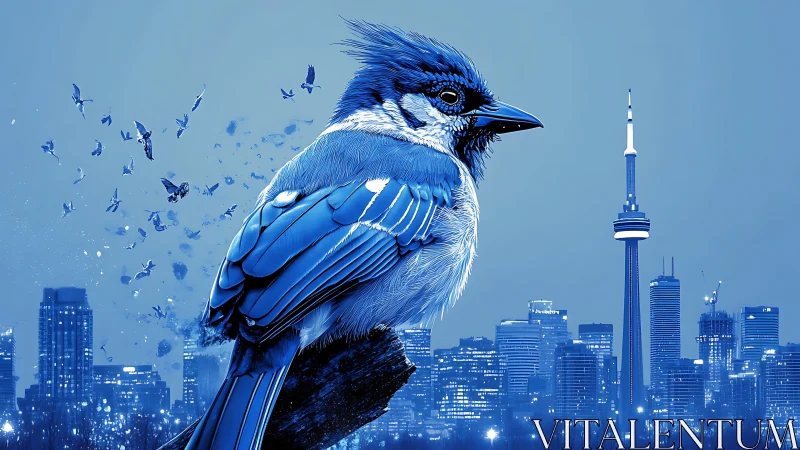 Blue Jay in Flight Over Urban Skyline: Composite Digital Illustration.