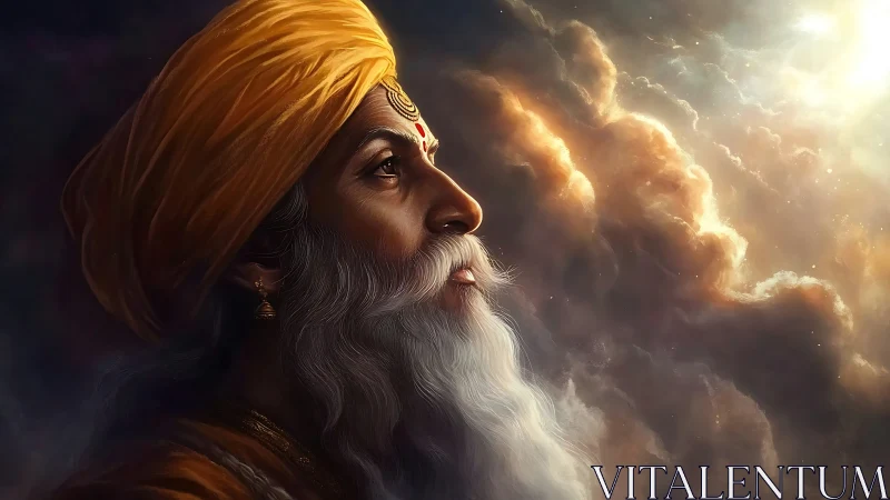 Mystic elder in golden turban gazes toward celestial light.
