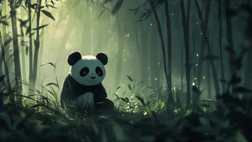 Gentle panda daydreams in a softly glowing bamboo sanctuary.