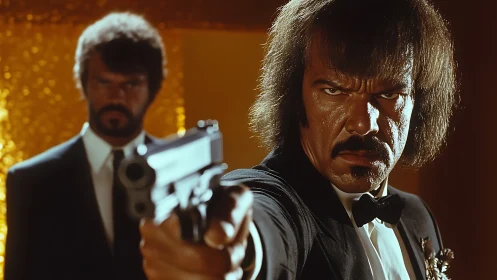 Grit-jawed hitman stares down fate in molten gold glare.