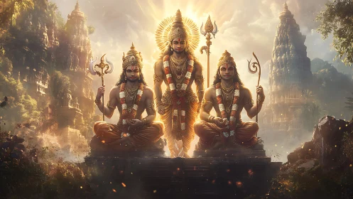 Radiant divine trio glowing amid misty ancient temples.