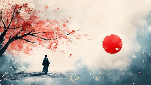 Solitary wanderer beneath gentle sakura and rising sun.