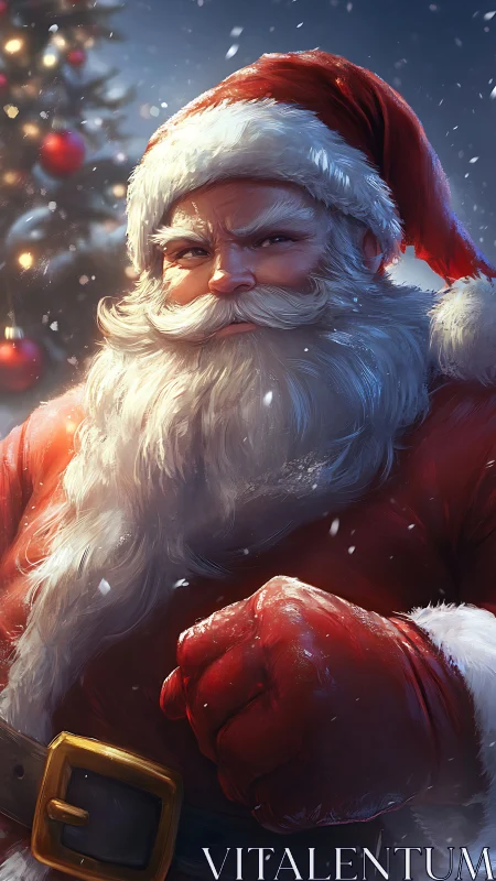 Santa squares his mittened fist like a snowy superhero