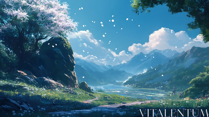 Digital painting landscape with alpine lake and blossom tree.