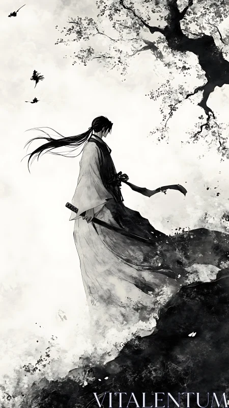 Solitary swordsman walks beneath a wind-torn blossom tree
