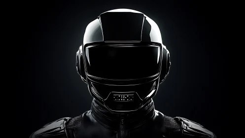 Futuristic black moto helmet portrait under dramatic rim light.