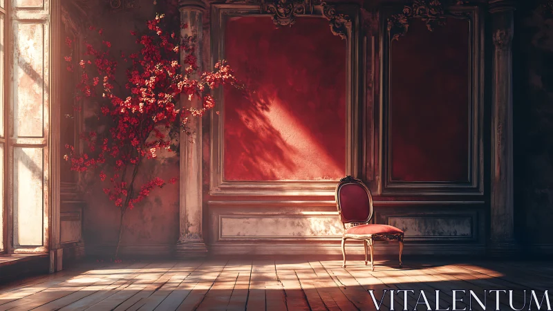 Sunlit red salon chair anchors a decaying neoclassical interior