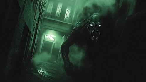 Neon fog fiend stalks a haunted alley of toxic shadows.