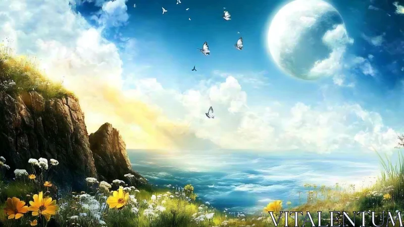 Coastal meadow with wildflowers under large moonlit sky.