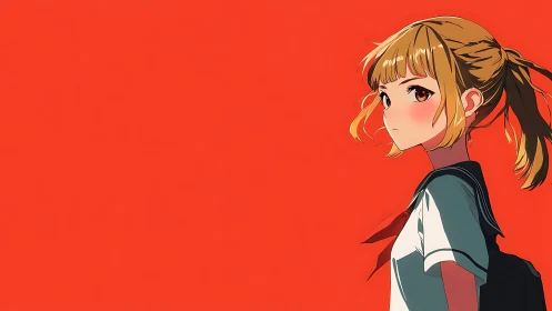 Side profile of student against solid red background.