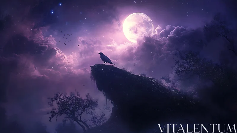 Solitary corvid on ridge beneath full moon and clouds.