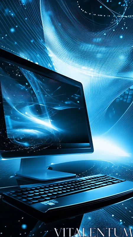 Futuristic desktop computer glows within swirling digital data