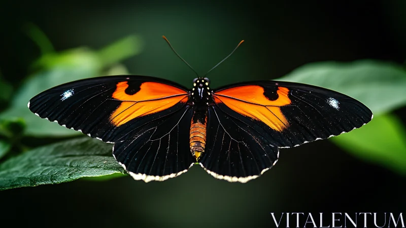 Black butterfly spreads vivid orange wings on green leaf