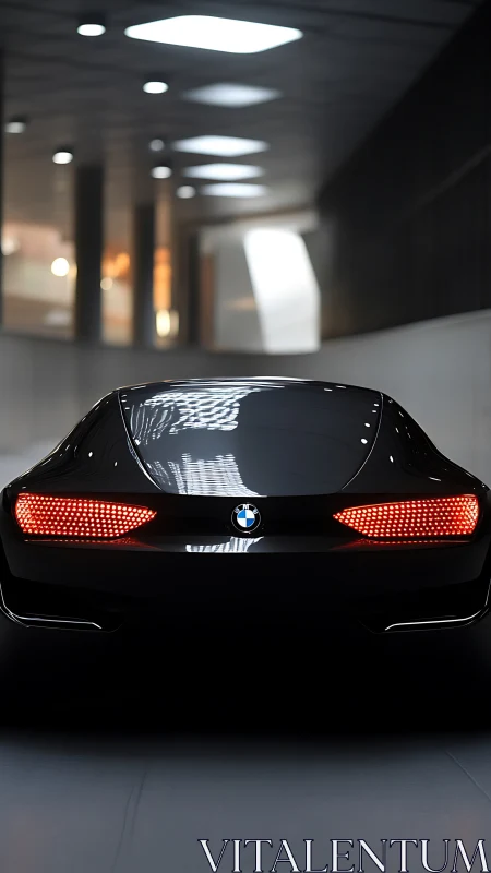 Futuristic black coupe stands under tunnel skylights rear view
