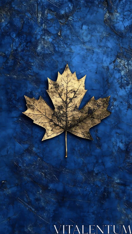 Gilded maple leaf emblem on scratched cobalt stone field.