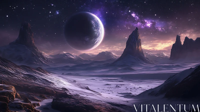 Frozen alien valley under luminous ringed planet sky.