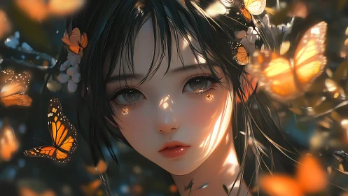 Melancholic anime girl gazes amid glowing orange butterflies