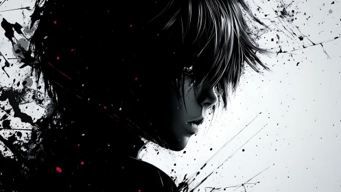 Ink-splintered anime silhouette brooding in monochrome storm.