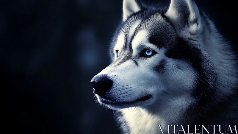 High-contrast blue-toned husky portrait with directional rim lighting