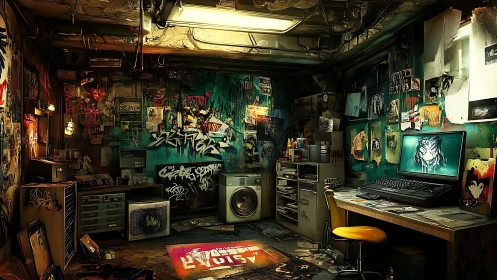 Graffiti-drenched hacker den glows in cluttered basement.