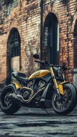 Custom yellow street motorcycle stands against distressed brick wall