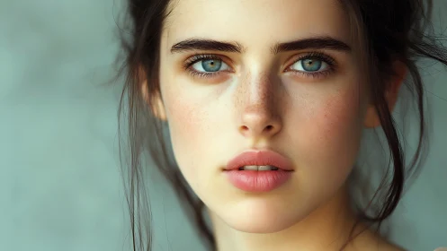 Soft-lit close-up portrait with teal eyes and dewy skin tones.