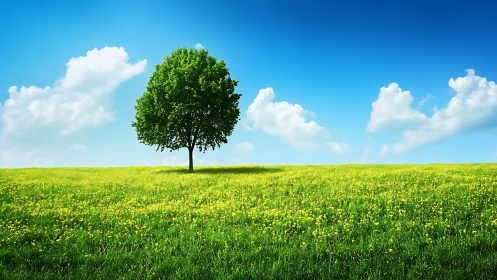 Solitary deciduous tree on sunlit meadow under deep blue sky