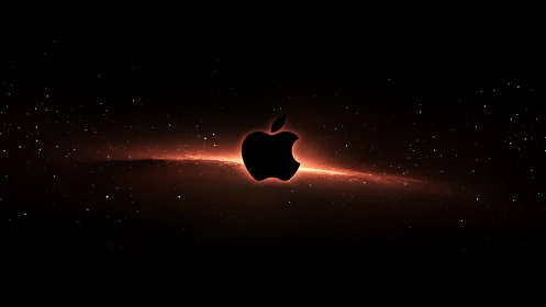 Cosmic apple silhouette drifting through ember-lit stardust.