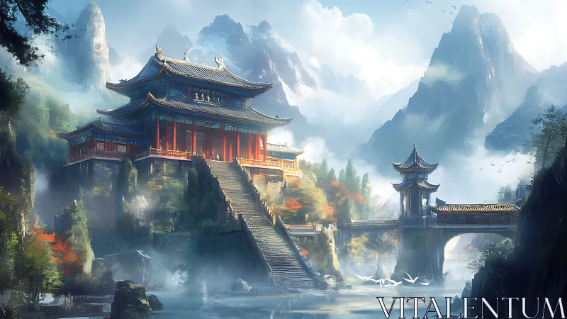 Mist-crowned mountain temple glows above whispering river valley.