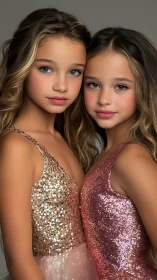 Sparkling sisters pose in sequined dresses, soft studio light.