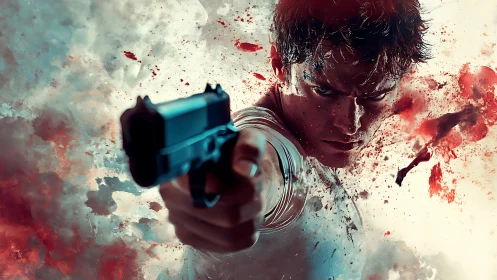 Dynamic action portrait with splatter-driven gun focus framing.
