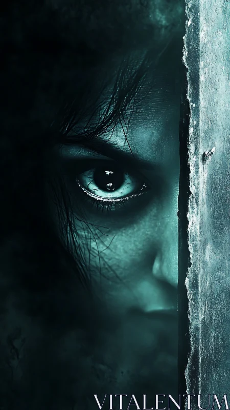 Haunted blue eye peers from behind cracked frosted wall