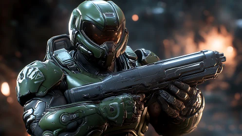 Armored sci fi infantry with ballistic shotgun in combat stance